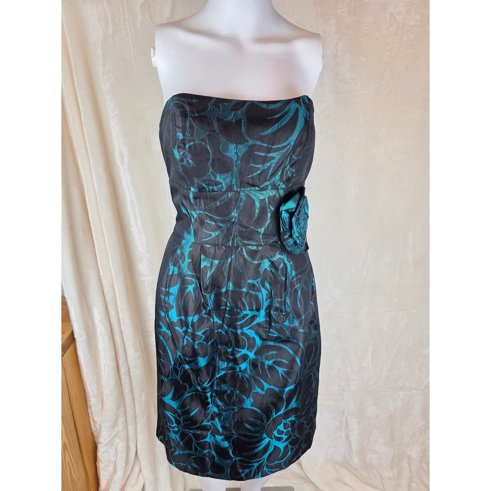 Black Teal Floral Brocade Strapless‎ Cocktail Party Dress Size 8